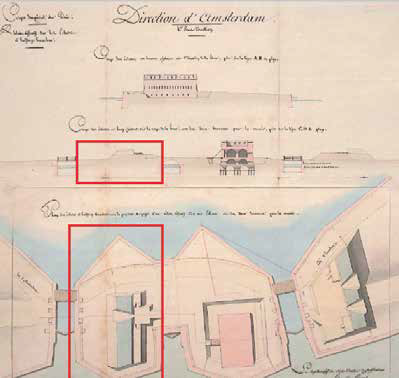 Afbeelding van het Napoleontische verdedigingswerk op het Oosteiland, circa 1812 (binnen rode kaders), het noorden is onder.